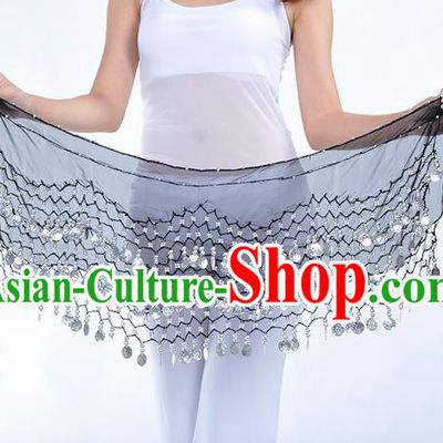 Asian Indian Belly Dance Argent Paillette Black Silk Waistband Accessories India Raks Sharki Belts for Women
