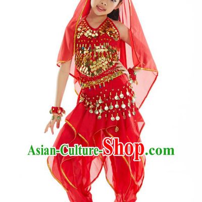 Asian Indian Belly Dance Costume Stage Performance India Raks Sharki Red Dress for Kids