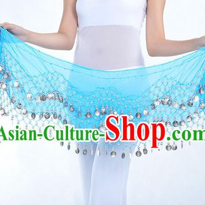 Asian Indian Belly Dance Argent Paillette Blue Silk Waistband Accessories India Raks Sharki Belts for Women