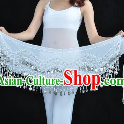 Asian Indian Belly Dance Argent Paillette White Silk Waistband Accessories India Raks Sharki Belts for Women