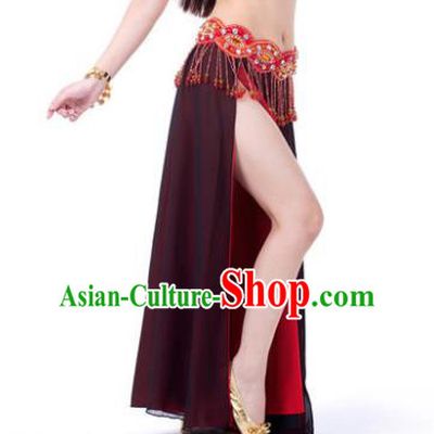 Asian Indian Belly Dance Costume Stage Performance Amaranth Skirt, India Raks Sharki Slit Dress for Women