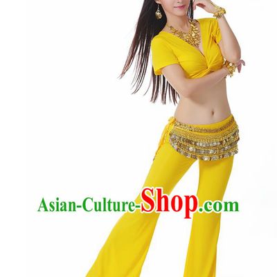 Asian Indian Belly Dance Costume Stage Performance Yoga Yellow Outfits, India Raks Sharki Dress for Women