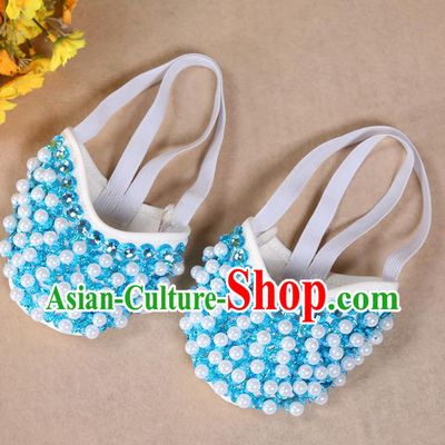 Asian Indian Belly Dance Shoes India Traditional Dance Light Blue Beads Soft Shoes for for Women