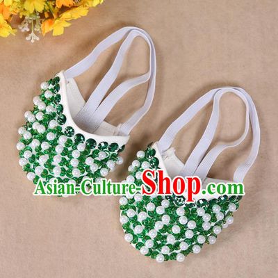 Asian Indian Belly Dance Shoes India Traditional Dance Green Beads Soft Shoes for for Women