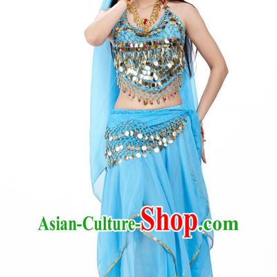 Asian Indian Belly Dance Blue Costume Stage Performance Outfits, India Raks Sharki Dress for Women