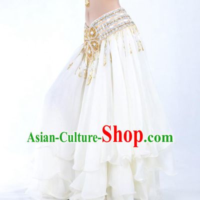 Asian Indian Belly Dance Costume Stage Performance White Expansion Skirt, India Raks Sharki Dress for Women