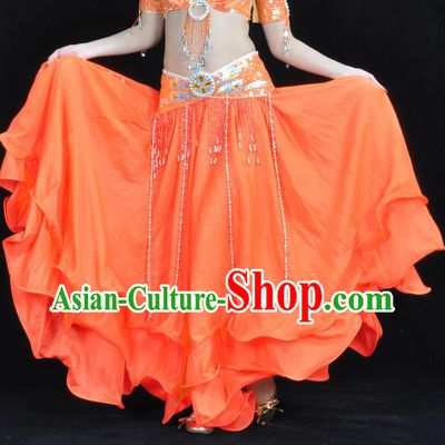 Asian Indian Belly Dance Costume Stage Performance Orange Expansion Skirt, India Raks Sharki Dress for Women