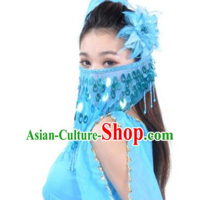 Indian Belly Dance Accessories Blue Paillette Yashmak India Traditional Dance Mask Veil for for Women