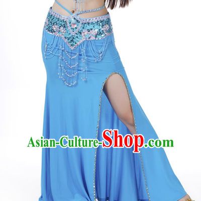 Top Indian Belly Dance Costume Blue Split Skirt, India Raks Sharki Clothing for Women