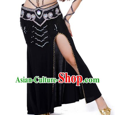 Top Indian Belly Dance Costume Black Split Skirt, India Raks Sharki Clothing for Women