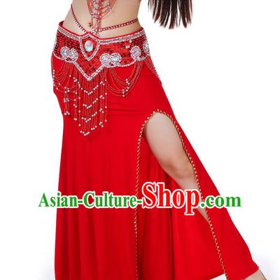 Top Indian Belly Dance Costume Red Split Skirt, India Raks Sharki Clothing for Women