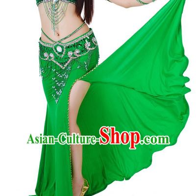 Top Indian Belly Dance Costume Green Split Skirt, India Raks Sharki Clothing for Women
