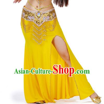 Top Indian Belly Dance Costume Yellow Split Skirt, India Raks Sharki Clothing for Women