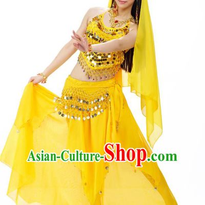 Top Indian Belly Dance Costume Oriental Dance Yellow Dress, India Raks Sharki Clothing for Women