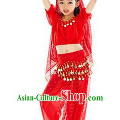Top Indian Belly Dance Costume Oriental Dance Red Dress, India Raks Sharki Clothing for Kids