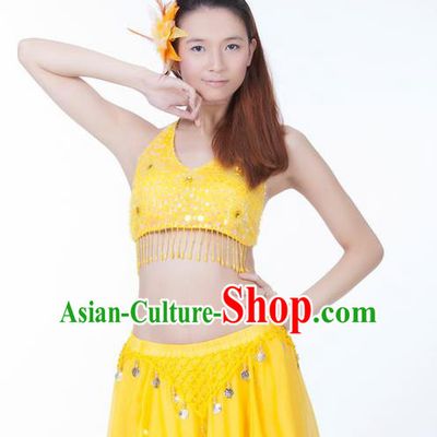 Top Indian Bollywood Belly Dance Costume Oriental Dance Yellow Paillette Brassiere for Women