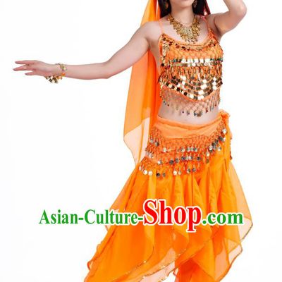 Indian Oriental Belly Dance Orange Costume, India Raks Sharki Bollywood Dance Clothing for Women