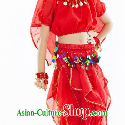 Top Indian Belly Dance Red Costume Oriental Dance Stage Performance Clothing for Kids