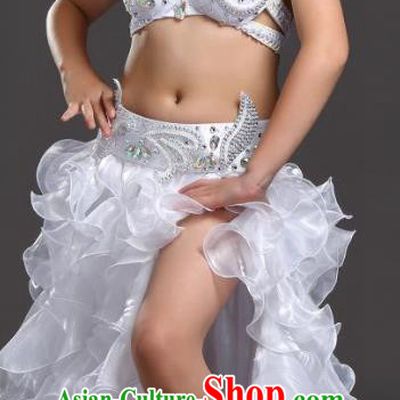 Top Indian Belly Dance Costume Bollywood Oriental Dance Stage Performance White Dress for Kids