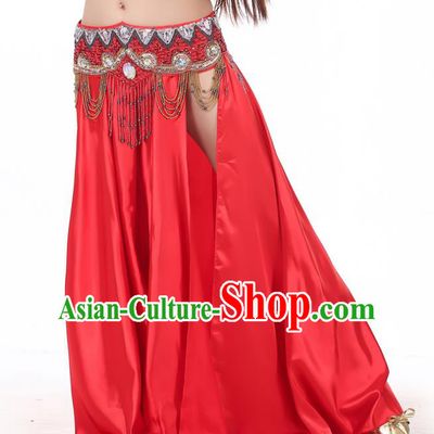 Indian Belly Dance Costume Bollywood Oriental Dance Red Satin Skirt for Women