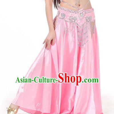 Indian Belly Dance Costume Bollywood Oriental Dance Pink Satin Skirt for Women