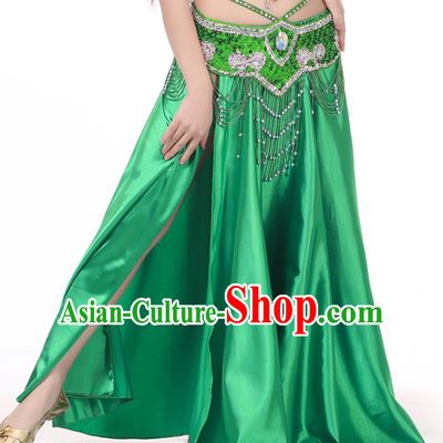 Indian Belly Dance Costume Bollywood Oriental Dance Green Satin Skirt for Women