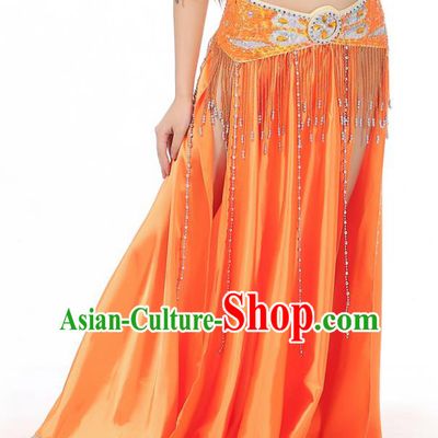 Indian Belly Dance Costume Bollywood Oriental Dance Orange Satin Skirt for Women
