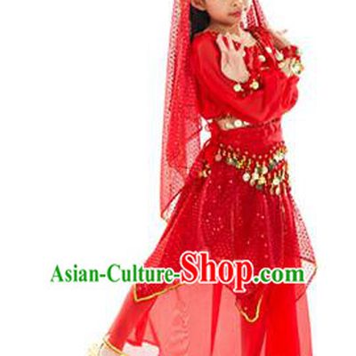 Indian Traditional Belly Dance Red Dress Asian India Oriental Dance Costume for Kids