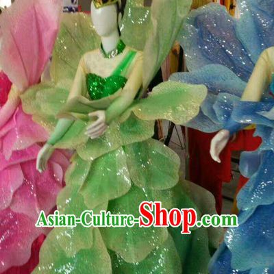 Green Chinese Classical Flower Dance Costume Dancing Costumes and Headpieces Complete Set for Women