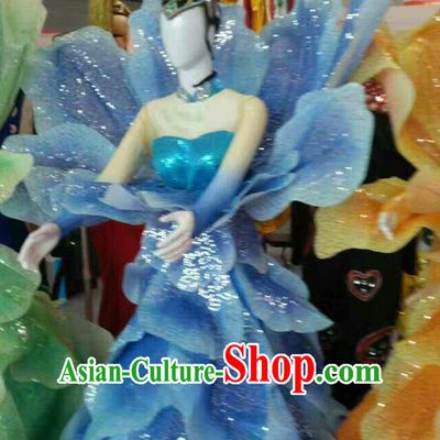 Blue Chinese Classical Flower Dance Costume Dancing Costumes and Headpieces Complete Set for Women