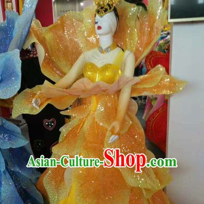 Yellow Chinese Classical Flower Dance Costume Dancing Costumes and Headpieces Complete Set for Women