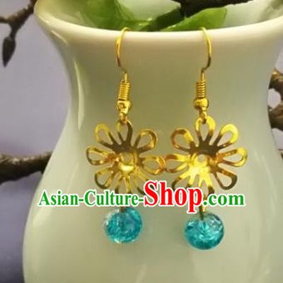 Chinese Handmade Classical Jewelry Accessories Earrings Ancient Palace Lady Light Blue Bead Tassel Eardrop for Women