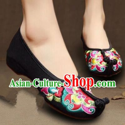 Asian Chinese Wedding Shoes Princess Shoes, Traditional China Handmade Hanfu Black Embroidered Shoes