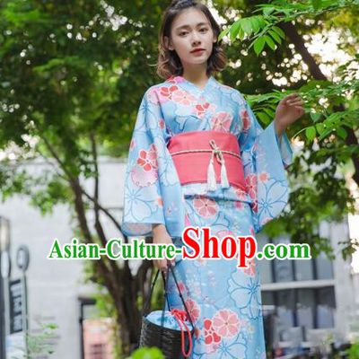 Asian Japanese Traditional Costumes Japan Kimono Blue Bathrobe Clothing for Women