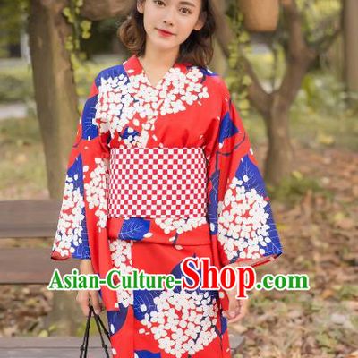 Asian Japanese Traditional Costumes Japan Kimono Red Bathrobe Clothing for Women
