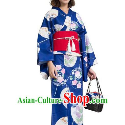 Asian Japanese Traditional Costumes Japan Kimono Printing Deep Blue Bathrobe Clothing for Women