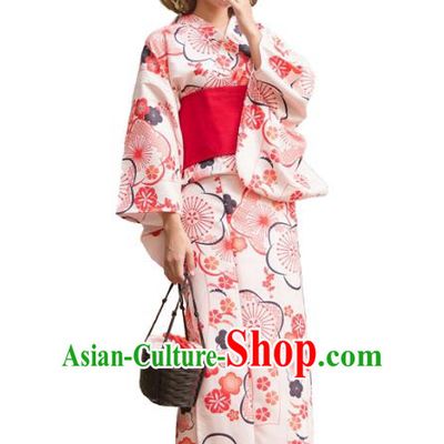 Asian Japanese Traditional Costumes Japan Kimono Printing Pink Bathrobe Clothing for Women