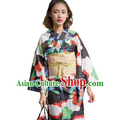 Asian Japanese Traditional Costumes Japan Kimono Yukata Black Clothing for Women