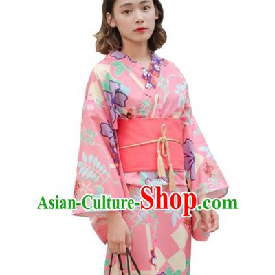 Asian Japanese Traditional Costumes Japan Kimono Yukata Pink Dress Clothing for Women