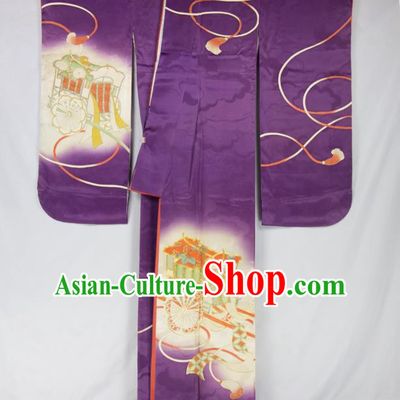 Asian Japanese Traditional Costumes Japan Furisode Kimono Yukata Purple Dress Clothing for Women