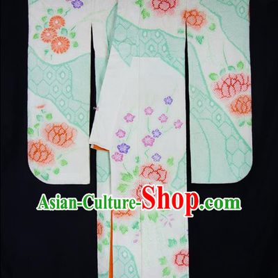 Asian Japanese Traditional Costumes Japan Furisode Kimono Yukata Green Dress Clothing for Women