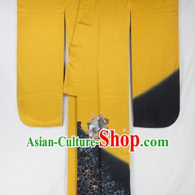 Asian Japanese Traditional Costumes Japan Furisode Kimono Yukata Printing Yellow Dress Clothing for Women