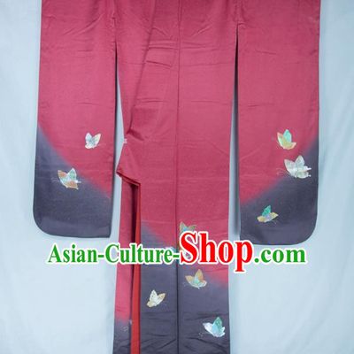 Asian Japanese Traditional Costumes Japan Furisode Kimono Yukata Printing Butterfly Red Dress Clothing for Women