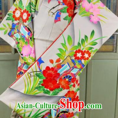 Asian Japanese Traditional Costumes Japan Furisode Kimono Yukata Printing White Dress Clothing for Women