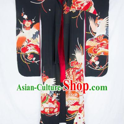 Asian Japanese Traditional Costumes Japan Furisode Kimono Yukata Embroidered Crane Black Dress Clothing for Women