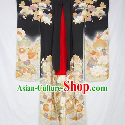 Asian Japanese Traditional Costumes Japan Furisode Kimono Yukata Embroidered Flowers Black Dress Clothing for Women