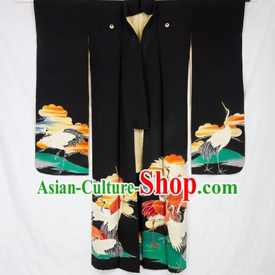 Asian Japanese Traditional Costumes Japan Furisode Kimono Yukata Embroidered Black Dress Clothing for Women