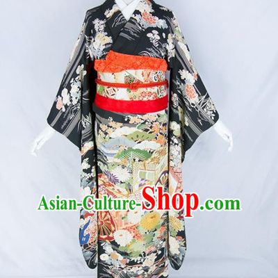 Asian Japanese Traditional Costumes Japan Embroidered Furisode Kimono Yukata Black Dress Clothing for Women