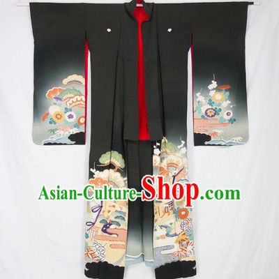 Asian Japanese Traditional Costumes Japan Black Furisode Kimono Yukata Dress Clothing for Women