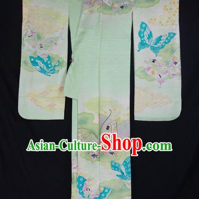 Asian Japanese Traditional Costumes Japan Printing Butterfly Green Furisode Kimono Yukata Dress Clothing for Women